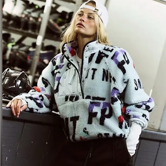 FP Movement by Free People Jackets & Blazers - Women’s Faux-Sherpa Pullover Jacket in Light Blue with Graphic Print